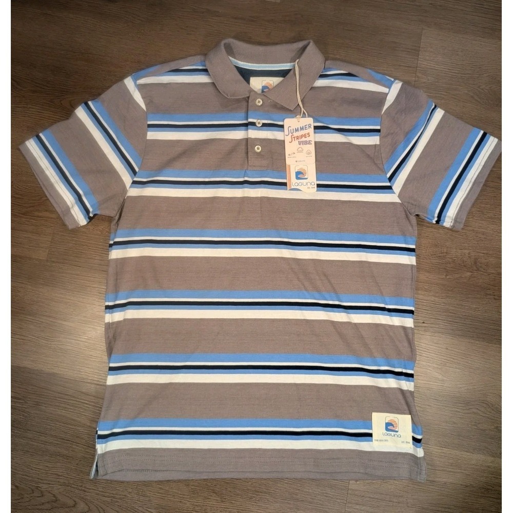 Laguna Mens Size Medium Gray/Blue/White Summer Stripes Vibe Collar Shirt NWT